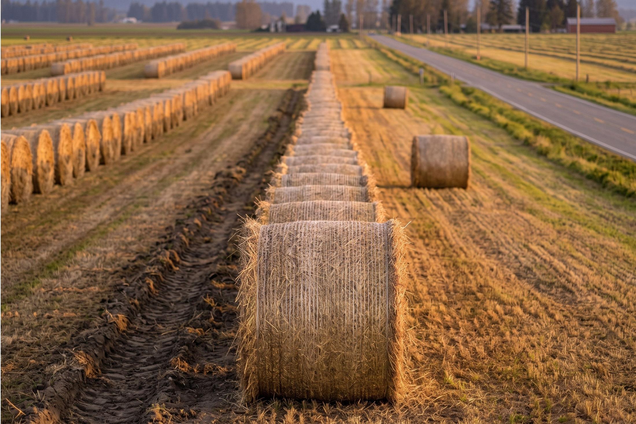 Hay rows on a Langley farm at evening